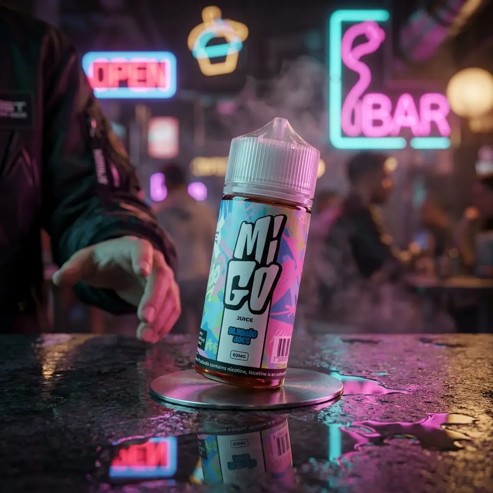 Garrafa do Líquido Migo Algodão Doce sobre balcão molhado em cena de nightlife neon com luzes desfocadas - Vapor Gringo