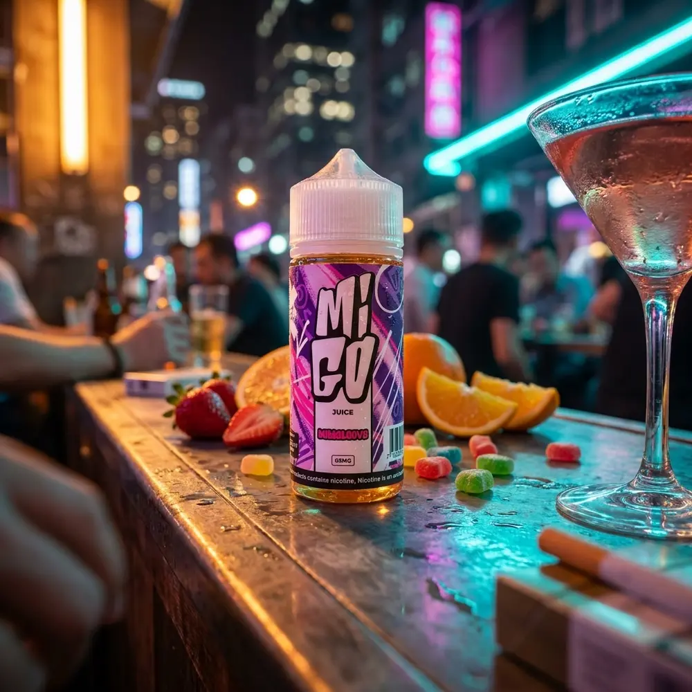 Frasco Líquido Migo - Bubbaloova sobre balcão urbano noturno com frutas e doces, luzes de cidade desfocadas - Vapor Gringo
