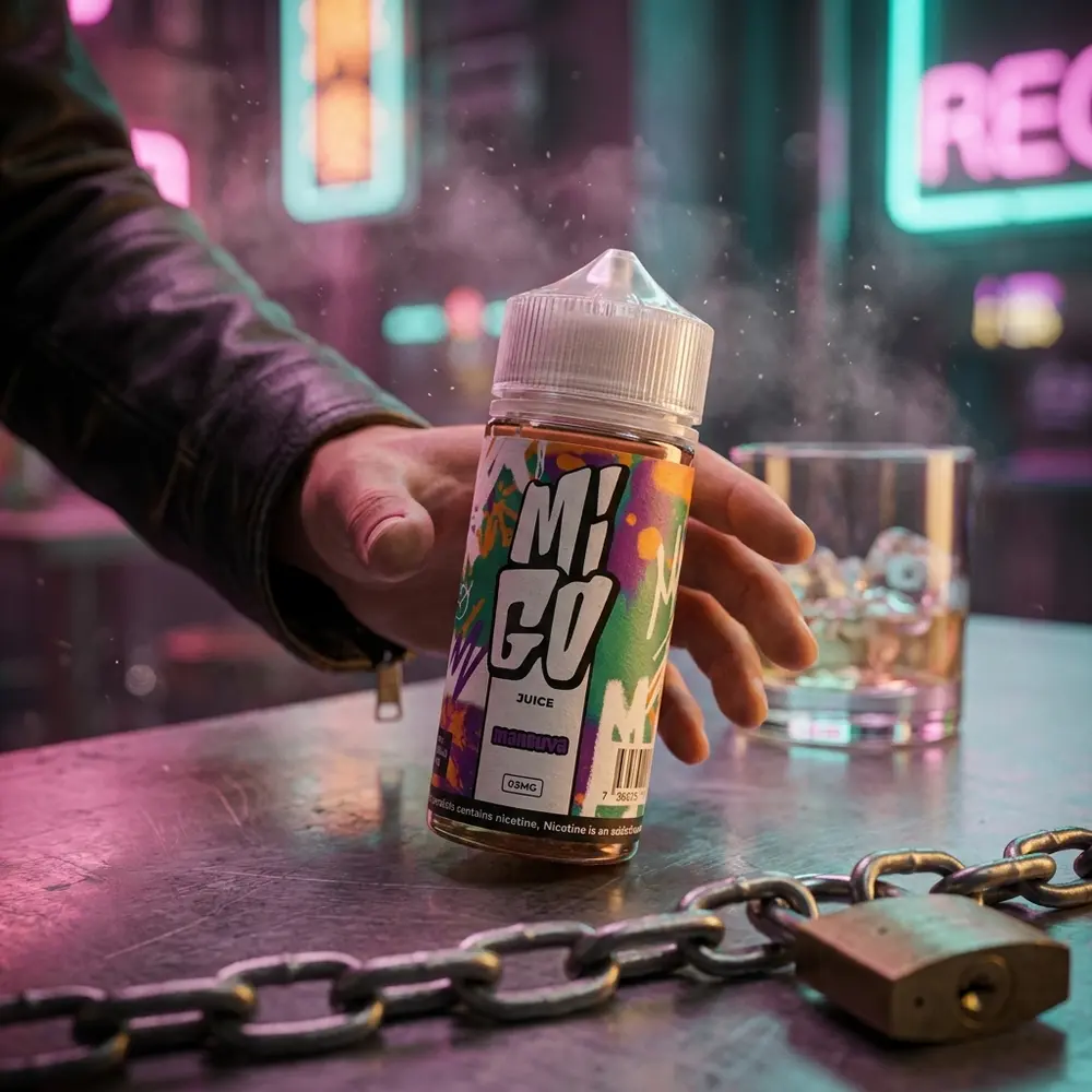 Frasco Liquido Migo - Manguva em balcão urbano com luzes neon e copo desfocado ao fundo - Vapor Gringo