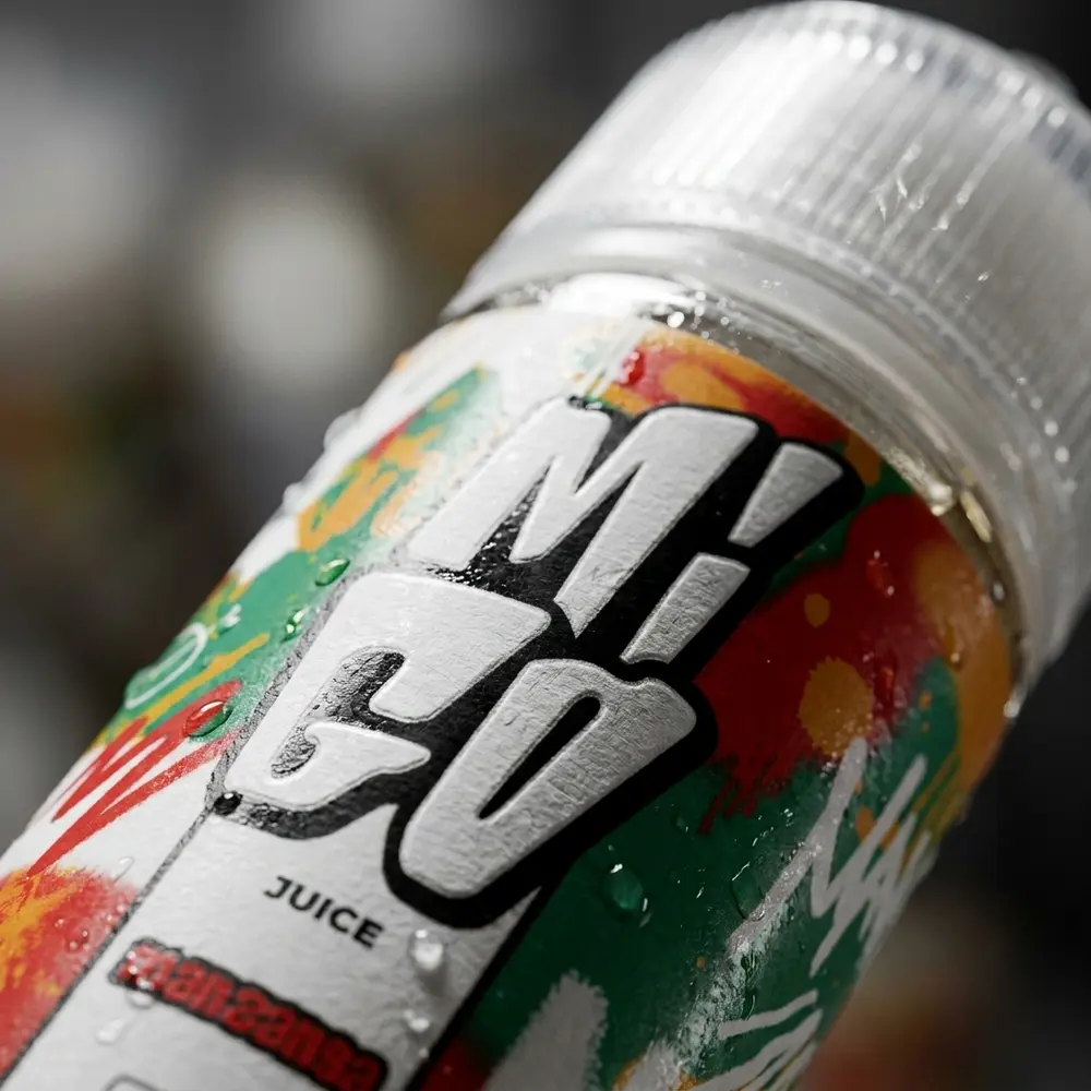 Detalhe macro do bico e rotulo da garrafa Migo Manzancia com gotas de condensacao e reflexos precisos - Vapor Gringo
