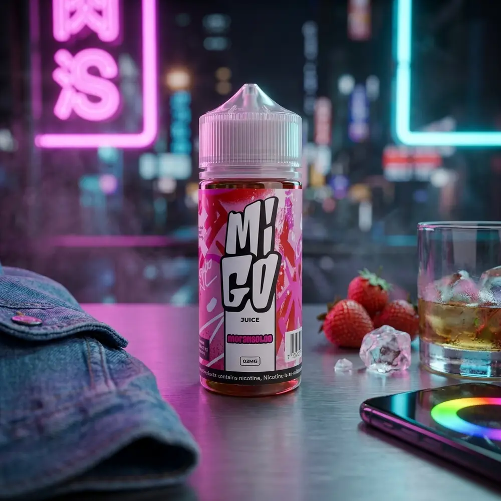 Frasco Migo Morangoloo sobre balcão metálico urbano com reflexos neon, morangos e objetos de lifestyle - Vapor Gringo