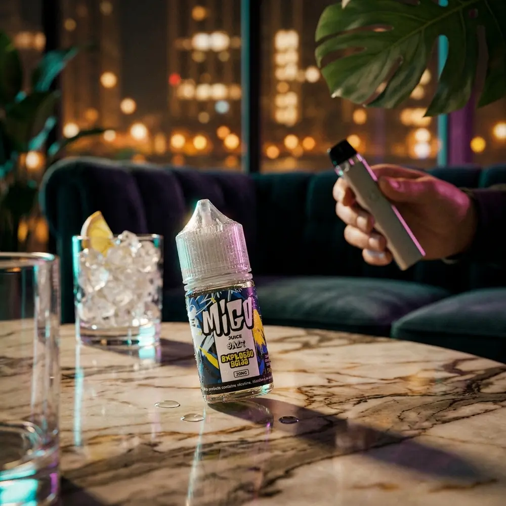 Frasco Migo Salt Explosão Ácida em mesa de lounge sofisticado, gelo, fatia de limão e luzes urbanas ao fundo - Vapor Gringo