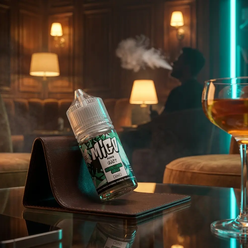 Líquido Migo Salt Mentinha Doce apoiado em mesa de lounge com veludo, coquetel e luzes quentes ao fundo. - Vapor Gringo
