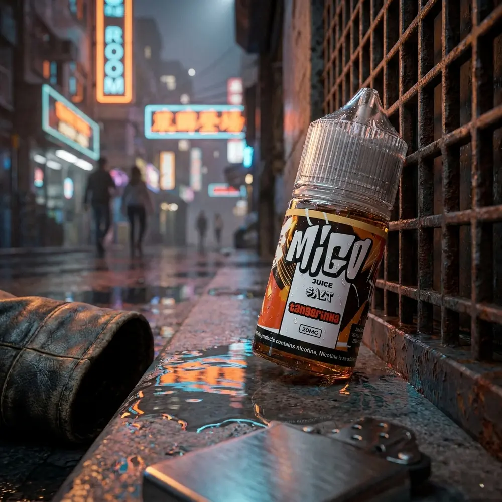 Frasco Líquido Migo Salt Tangerinha numa rua noturna com neon laranja, superfície molhada e jaqueta em primeiro plano - Vapor Gringo