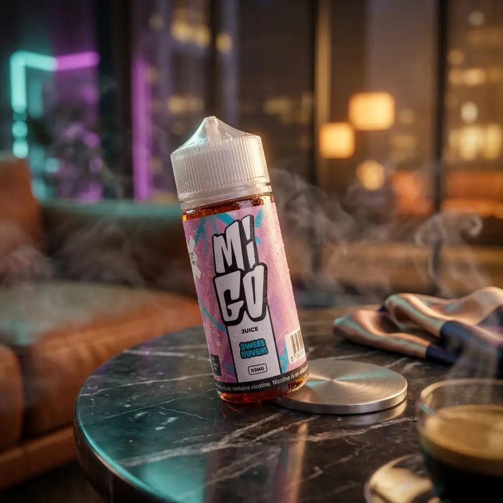 Líquido Migo Sweet Nuvem sobre mesa de lounge luxuosa com luzes urbanas neon e fumaça suave ao fundo - Vapor Gringo