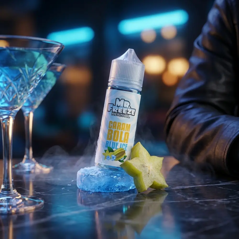 Garrafa Liquido Mr. Freeze Carambola Blue Ice em mesa de lounge com coquetel azul e luzes neon ao fundo - Vapor Gringo