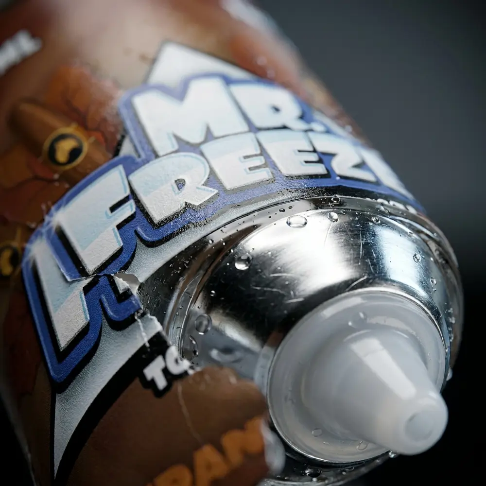 Close-up do rótulo e bico da embalagem Mr. Freeze Cubano Tobacco com gotas de condensação e textura - Vapor Gringo