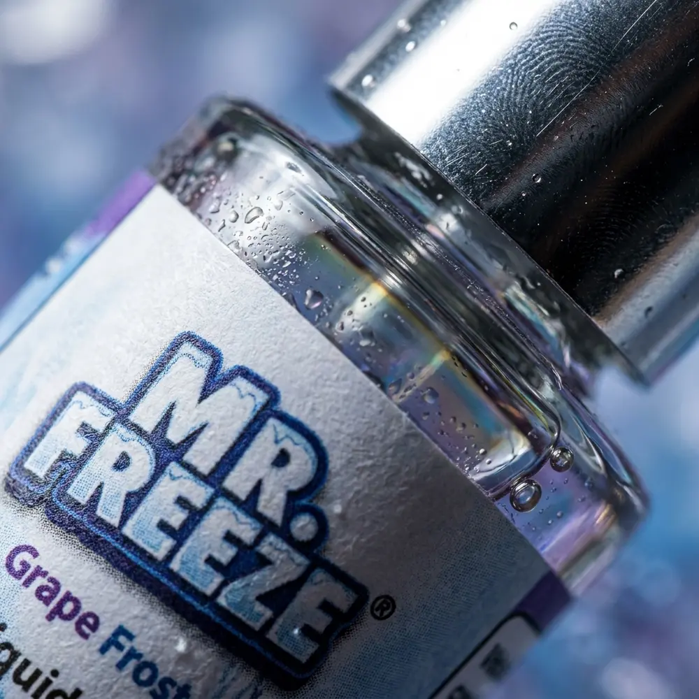 Close-up do rotulo Mr. Freeze Grape Frost com gotas de condensacao, reflexos metalicos no bico e textura do vidro - Vapor Gringo