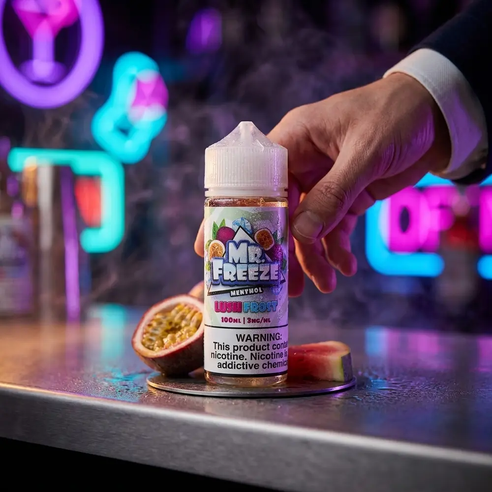Garrafa de e-líquido Líquido Mr. Freeze Lush Frost sobre balcão metálico úmido com bokeh neon urbano ao fundo - Vapor Gringo