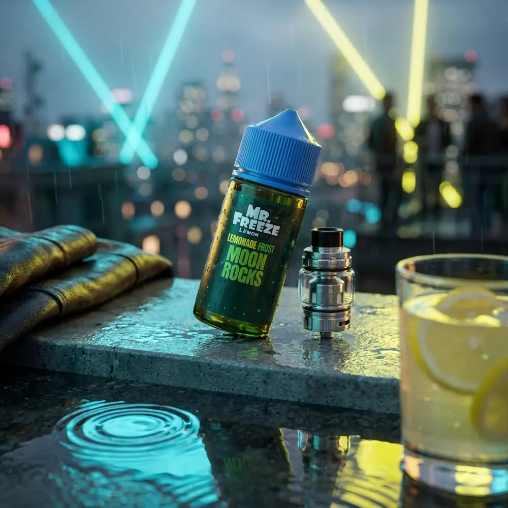 Frasco Mr. Freeze Moon Rocks Lemonade Frost apoiado em parapeito molhado de bar noturno com neon amarelo e azul ao fundo - Vapor Gringo