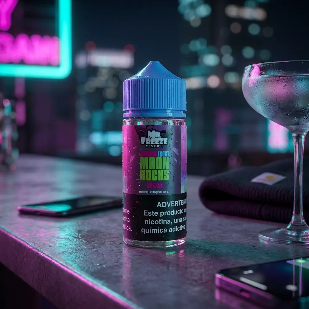 Garrafa do liquido Mr. Freeze Moon Rocks Summer Frost num balcão urbano neon com gotas e reflexos - Vapor Gringo