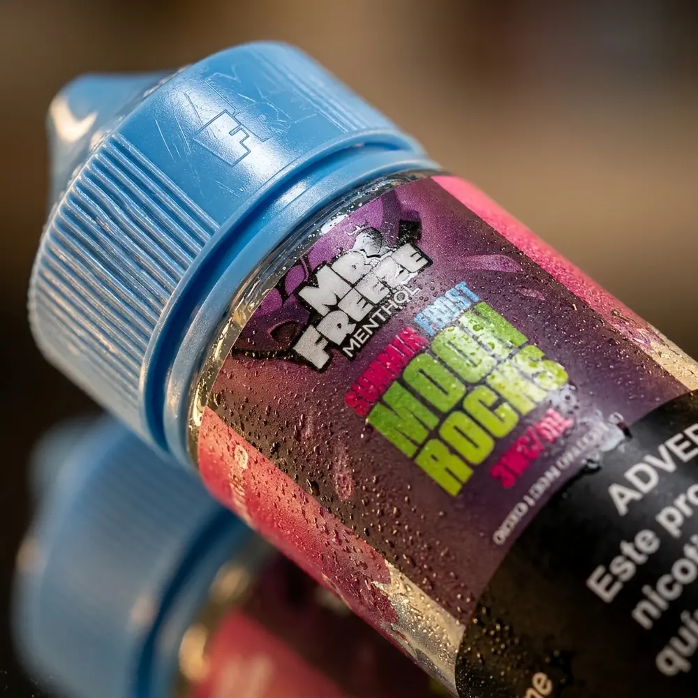 Macro do rótulo e bico da garrafa Mr. Freeze Moon Rocks Summer Frost com gotas de condensacao e micro-reflexos - Vapor Gringo