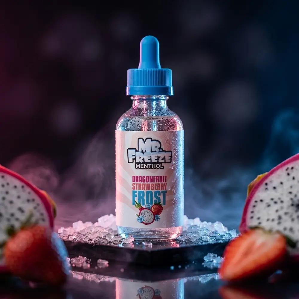 Garrafa Mr. Freeze Salt Dragonfruit Strawberry Frost sobre base escura com gelo, gotas e luzes azul e magenta. - Vapor Gringo