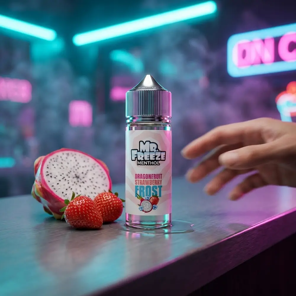 Garrafa Mr. Freeze Salt ao lado de pitaya e morango num balcão urbano neon com reflexos cyan e magenta. - Vapor Gringo