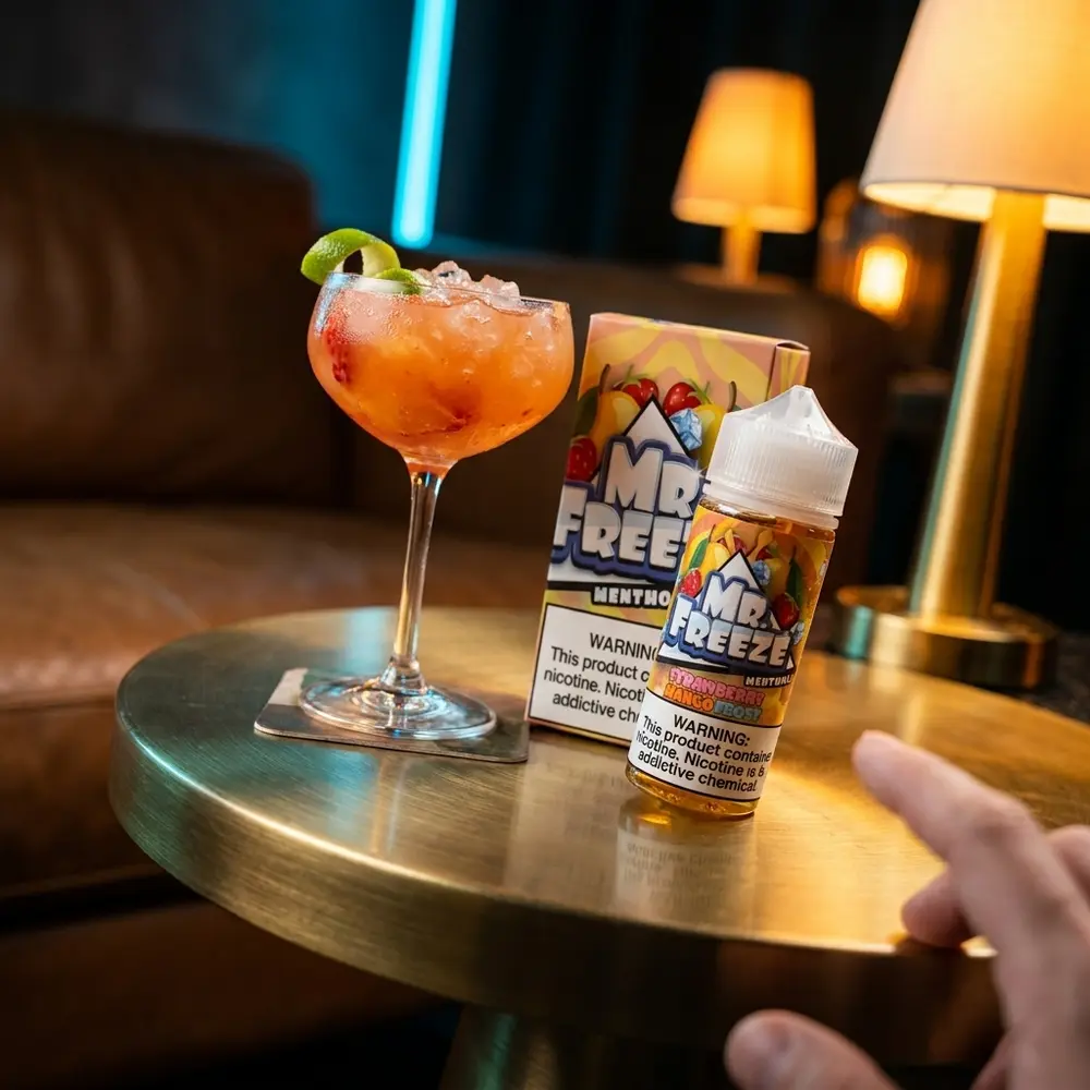 Garrafa Mr. Freeze Salt Strawberry Mango Frost em lounge de luxo sobre mesa metálica com drink de manga e luzes quentes ao fundo - Vapor Gringo