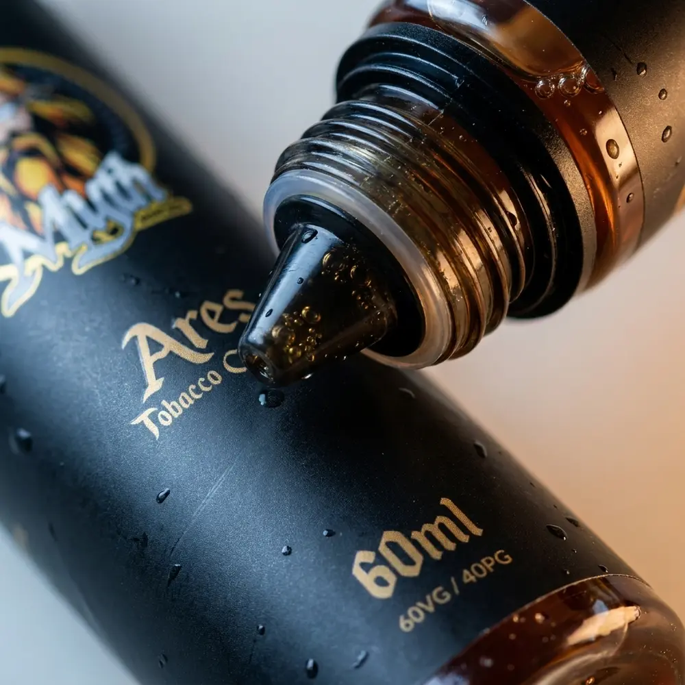 Close do rótulo e bico da garrafa Líquido Myth Ares Tobacco Caramel com gotas de condensação visíveis - Vapor Gringo