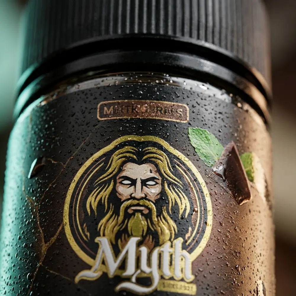 Close-up do rótulo e bocal do Líquido Myth Hera 100ml Chocolate Mint com condensação, reflexos e textura do vidro. - Vapor Gringo