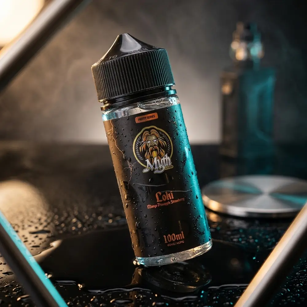 Líquido Myth Loki 100ml sobre superfície preta molhada, iluminação cênica e reflexos luxuosos - Vapor Gringo