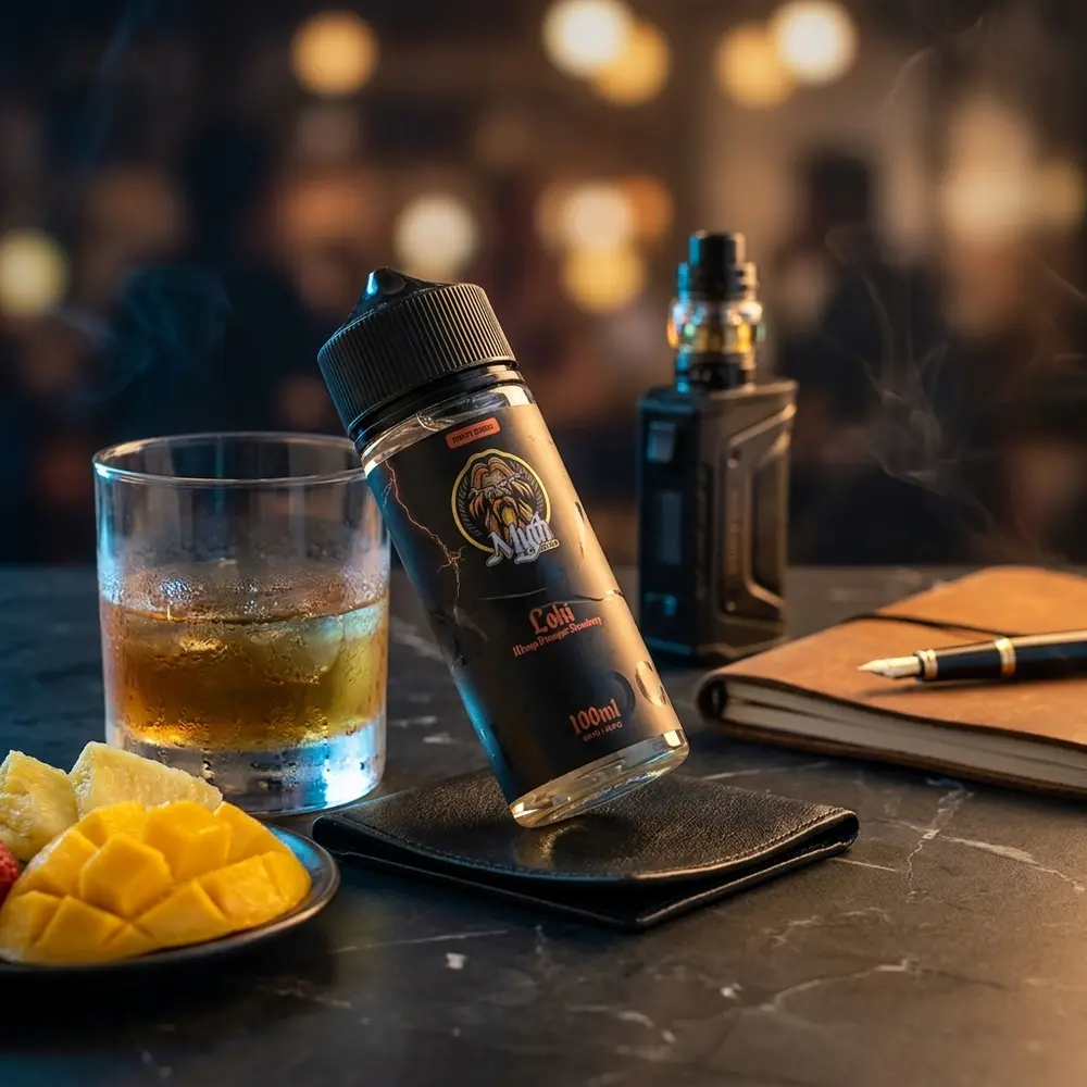Líquido Myth Loki 100ml apoiado em mesa de lounge com copo e frutas, ambiente noturno - Vapor Gringo