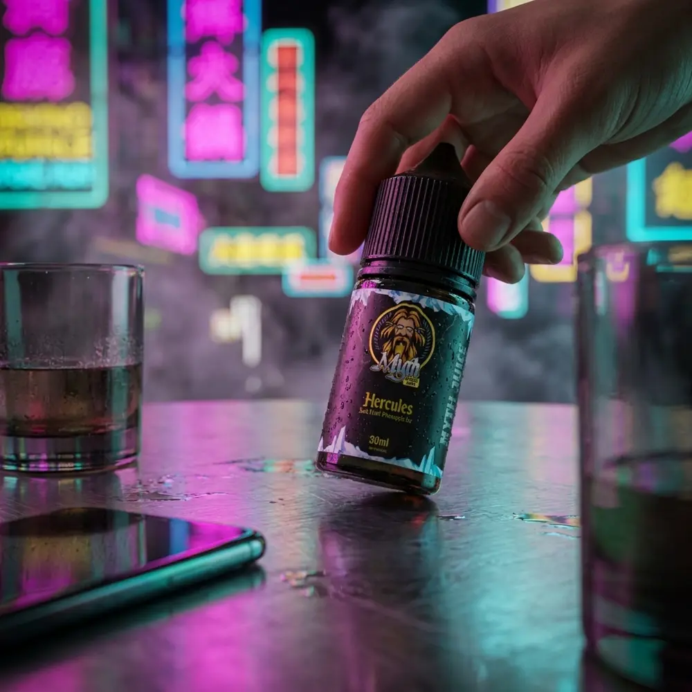 Frasco Liquido Myth Salt Hercules Jack Fruit Pineapple Ice sobre mesa de bar metalica com reflexos neon e mao ao alcance - Vapor Gringo