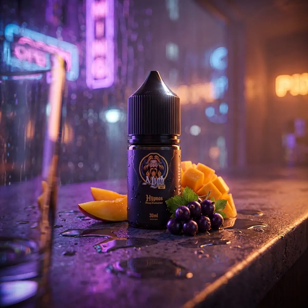 Frasco Myth Salt Hypnos em balcao urbano molhado com fatia de manga, groselhas e luzes neon ao fundo - Vapor Gringo