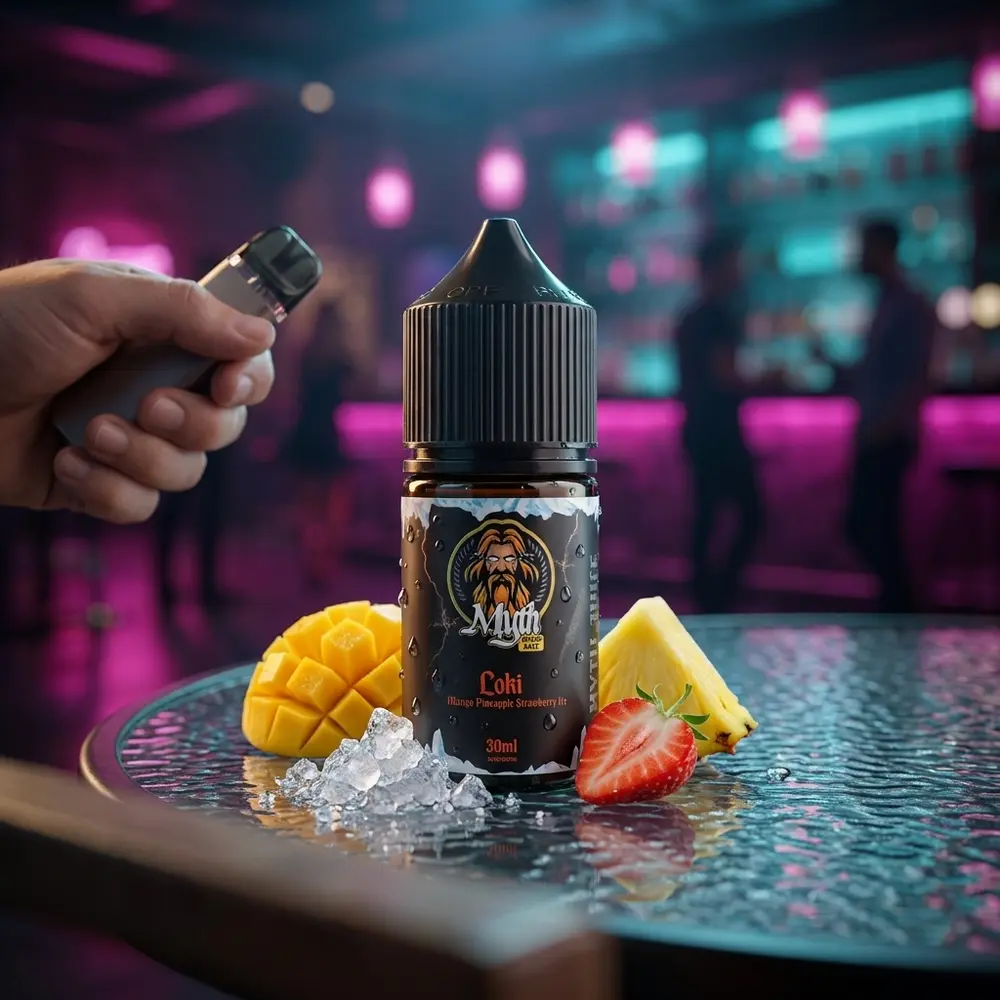 Frasco Myth Salt Loki 30ml sobre mesa de bar urbana com fatias de manga, abacaxi e luzes neon ao fundo. - Vapor Gringo