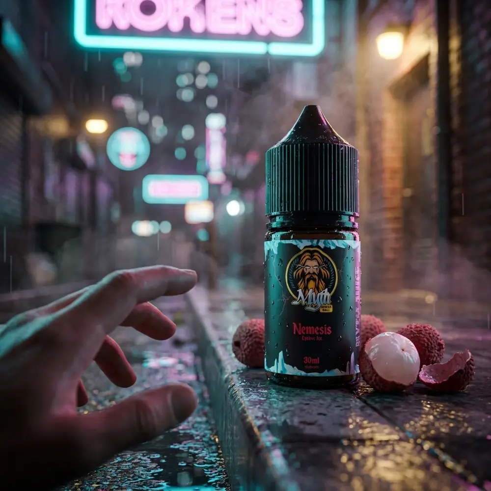Frasco Myth Salt Nemesis Lychee Ice sobre parapeito molhado em rua neon, reflexos coloridos e mão parcialmente visível - Vapor Gringo