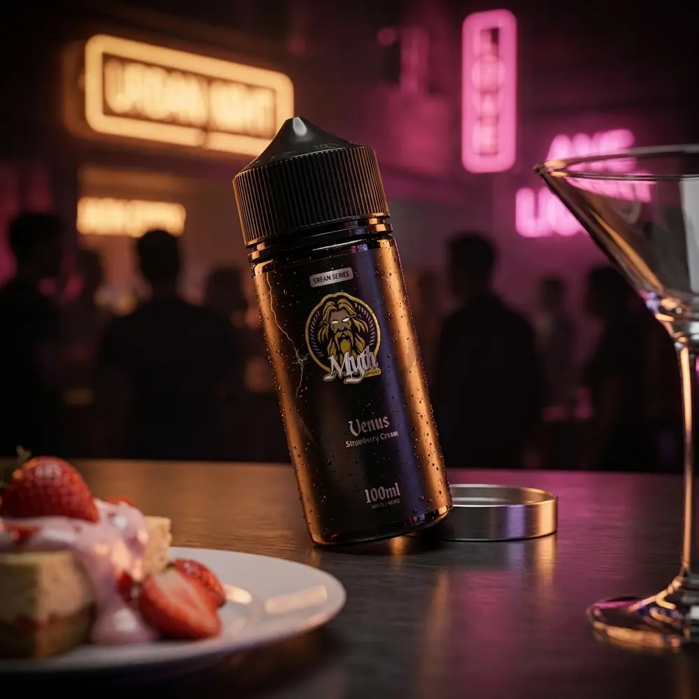 Líquido Myth Vênus 100ml sobre balcão urbano com neon ao fundo e sobremesa de morango desfocada - Vapor Gringo
