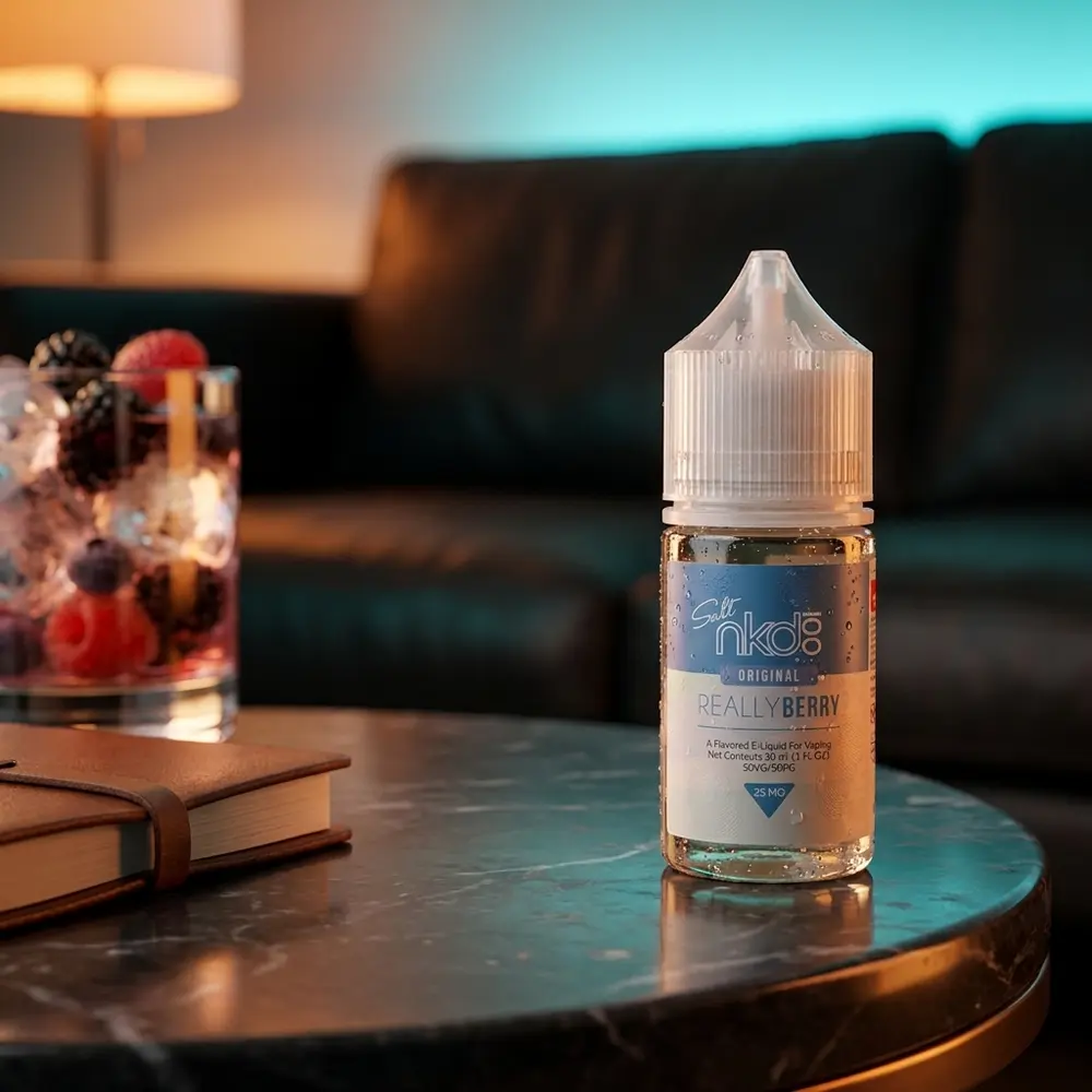 Garrafa Naked 100 Salt Really Berry apoiada em balcão de lounge com copo de coquetel e luzes quentes ao fundo - Vapor Gringo