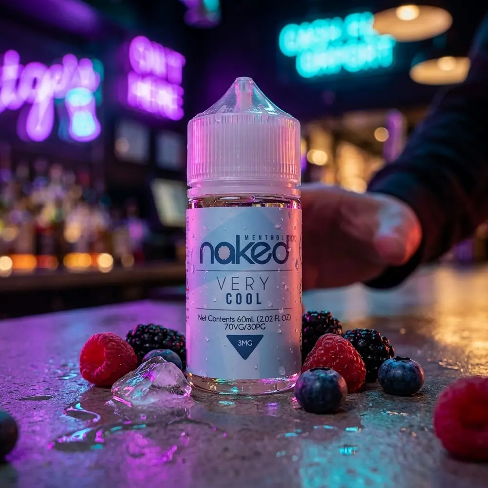 Frasco de liquido Naked 100 Very Cool em balcon molhado com neon roxo e azul, frutas e condensacao visiveis - Vapor Gringo