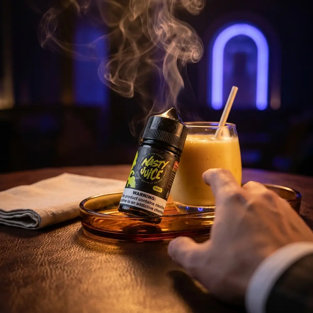 Líquido Nasty Juice Salt Mango Lassi apoiado em bandeja de vidro num lounge urbano, fatia de manga e vapor leve ao redor - Vapor Gringo
