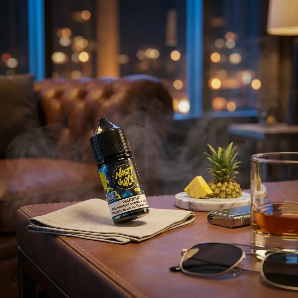 Frasco Nasty Juice Pineapple Ice em lounge sofisticado sobre mesa de couro, luzes da cidade e vapor sutil - Vapor Gringo