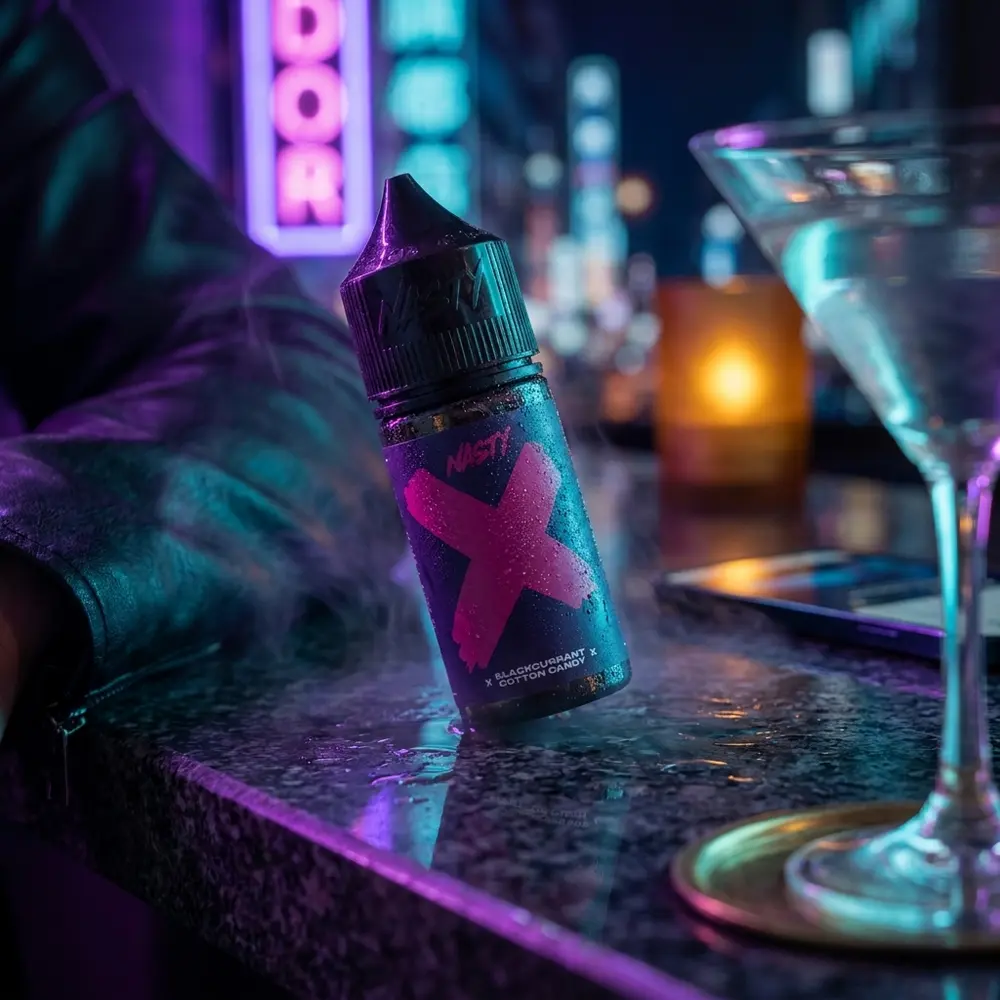 Frasco Nasty Juice Salt sobre balcão molhado com neon roxo e copo desfocado em ambiente noturno - Vapor Gringo