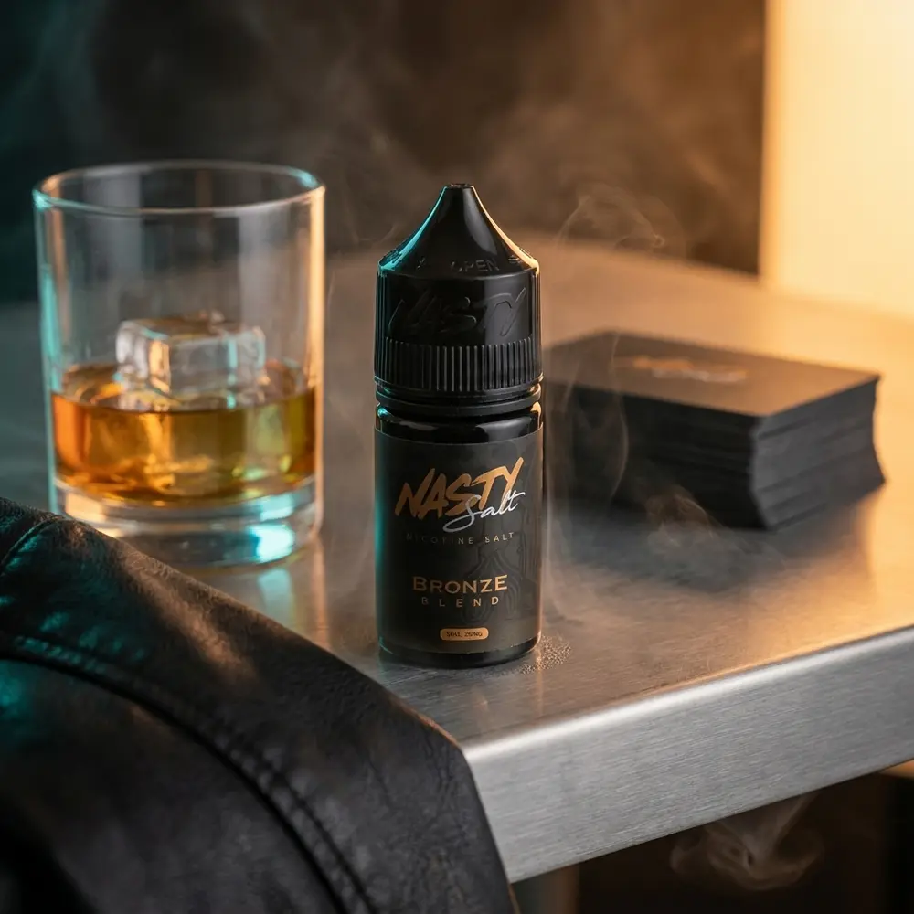 Frasco Nasty Juice Salt Bronze Blend em lounge urbano ao lado de copo de whiskey e jaqueta, iluminação âmbar - Vapor Gringo