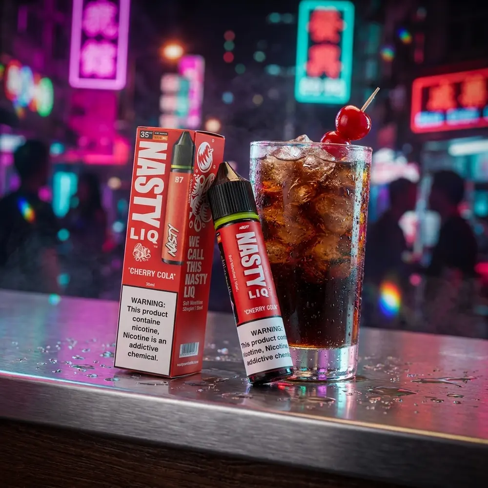 Garrafa do Liquido Nasty Juice Salt Cherry Cola apoiada em balcao molhado com reflexos neon e copo de cola - Vapor Gringo