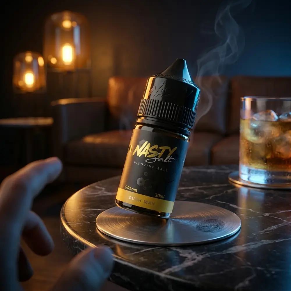 Líquido Nasty Juice Salt Cush Man manga sobre mesa de marmore em lounge noturno com copo e luzes quentes. - Vapor Gringo