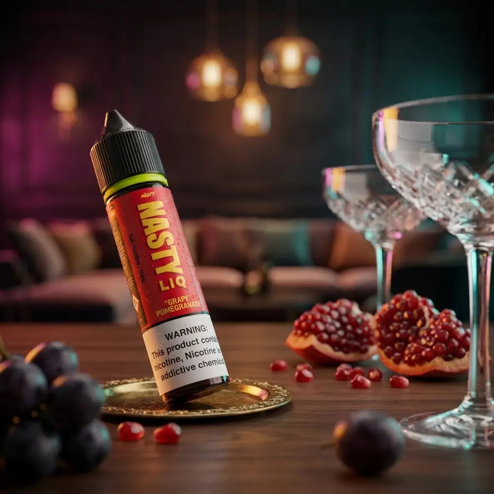 Frasco Nasty Juice Salt Grape Pomegranate em lounge urbano sobre mesa com uvas e romã, luzes coloridas ao fundo - Vapor Gringo