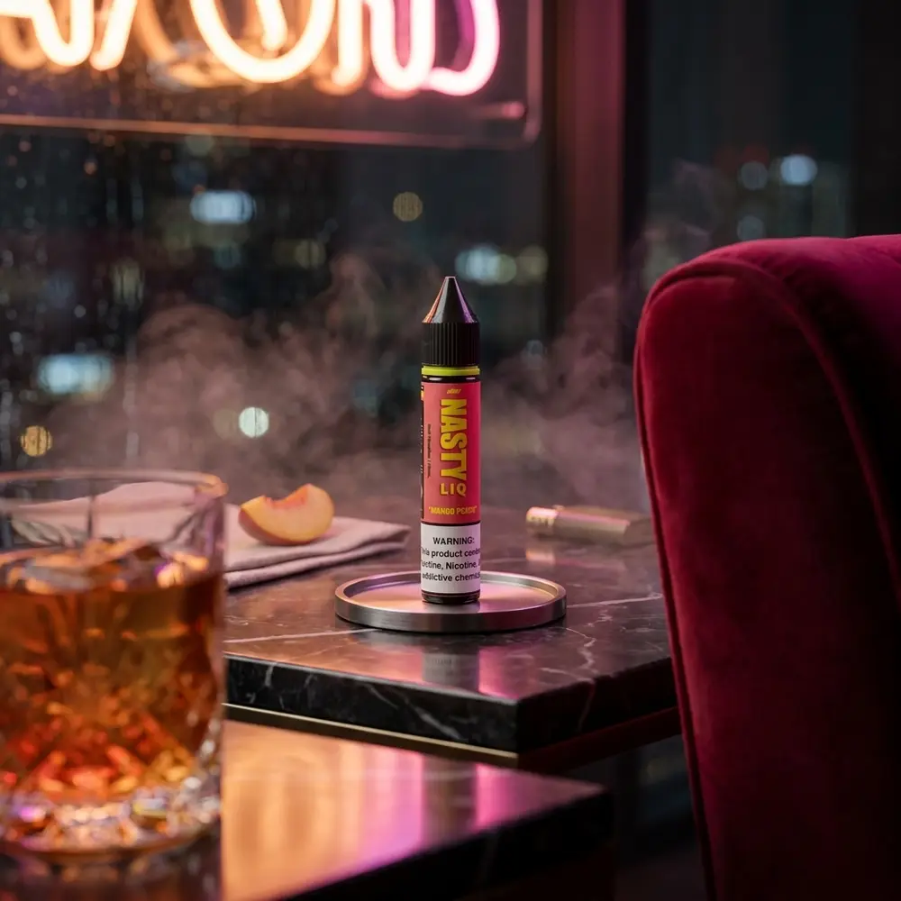 Frasco Nasty Juice Salt Mango Peach em mesa de lounge de luxo com neon pêssego, copo e bokeh urbano - Vapor Gringo