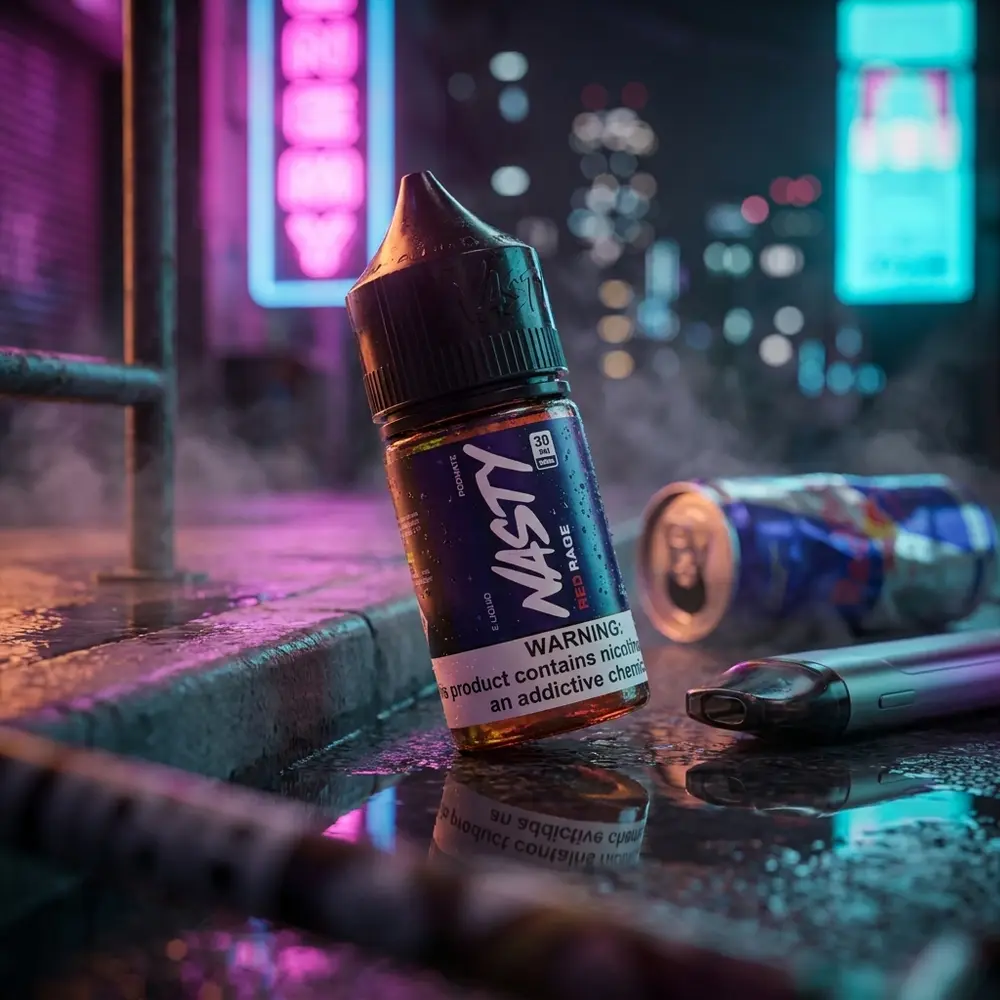 Garrafa Nasty Juice Red Rage 30ml em beco urbano neon, superfície molhada e reflexos coloridos - Vapor Gringo