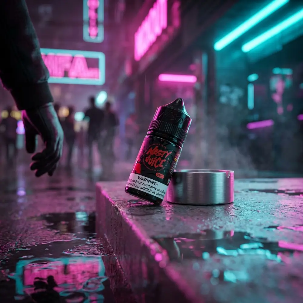 Frasco do Líquido Nasty Juice Salt Strawberry Ice sobre balcão molhado com reflexos neon e cenário urbano de nightlife ao fundo - Vapor Gringo