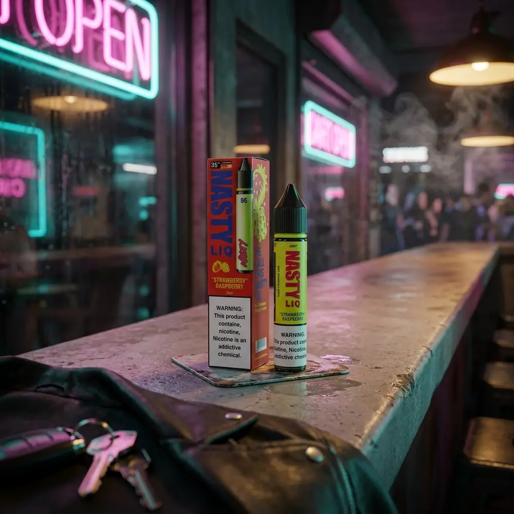 Garrafa Nasty Juice Salt Strawberry Raspberry repousa em balcão urbano com neon desfocado e gotas de condensação - Vapor Gringo