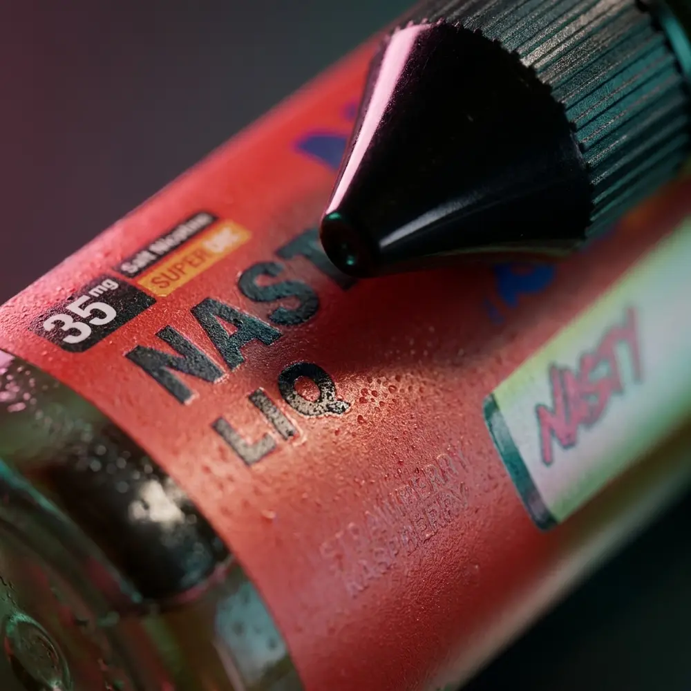 Detalhe do rótulo Nasty Juice Salt Strawberry Raspberry com gotas de condensação, textura do rótulo e bocal preservados - Vapor Gringo