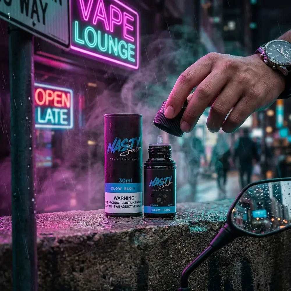 Garrafa Nasty Juice Slow Blow apoiada em beiral urbano molhado com luzes neon magenta e turquesa desfocadas ao fundo - Vapor Gringo