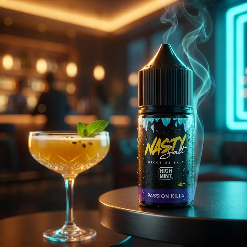 Líquido Nasty Salt Passion Killa apoiado em mesa de lounge luxuosa ao lado de um copo e hortelã. - Vapor Gringo