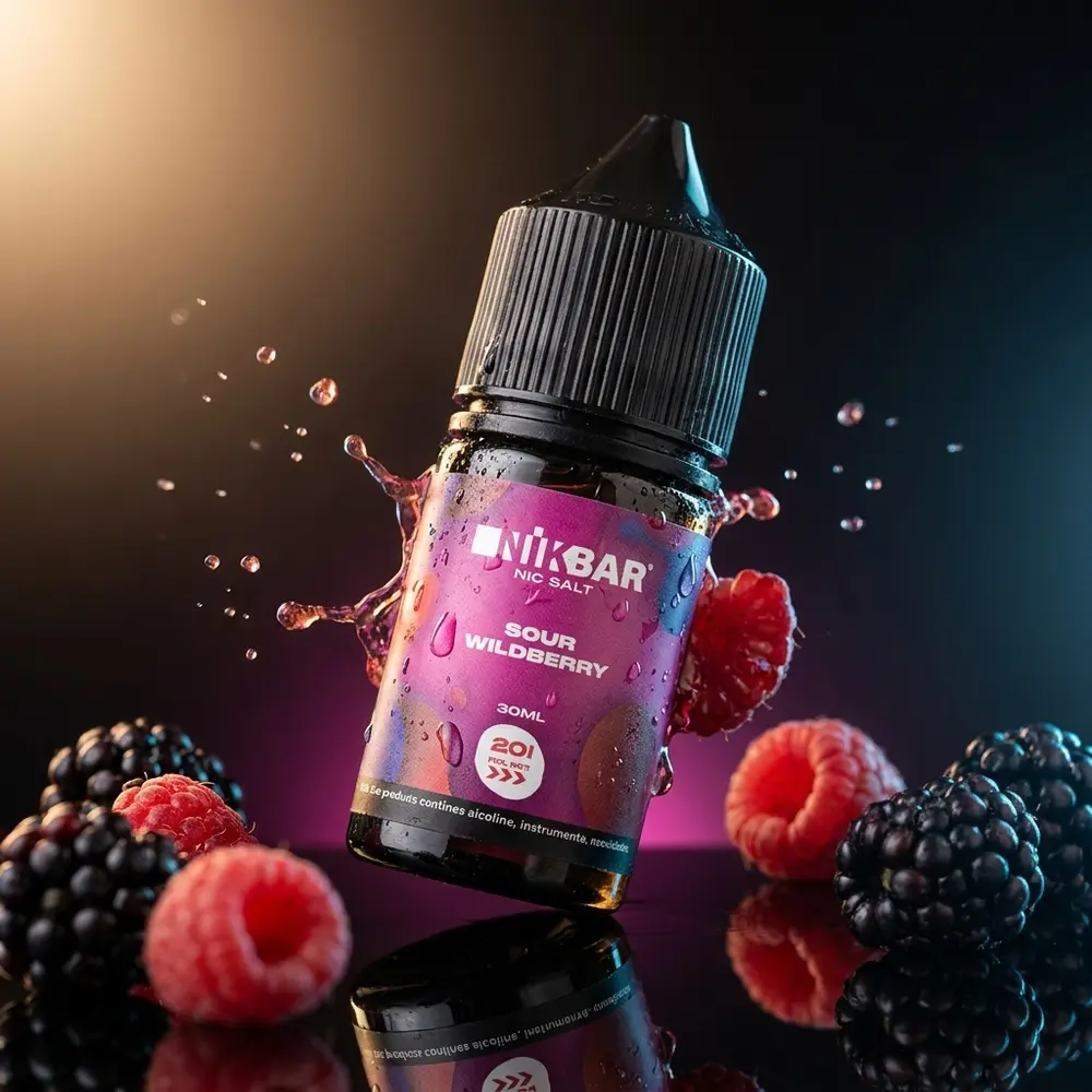 Líquido Nikbar Salt Sour Wildberry 30ml inclinado sobre base acrílica molhada com framboesas e reflexos - Vapor Gringo