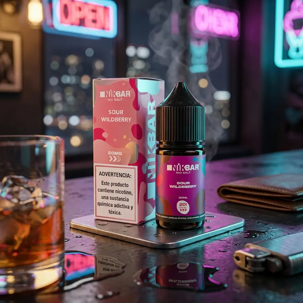 Garrafa Nikbar Salt Sour Wildberry 30ml em balcão urbano com luzes neon, copo desfocado e vapor sutil - Vapor Gringo