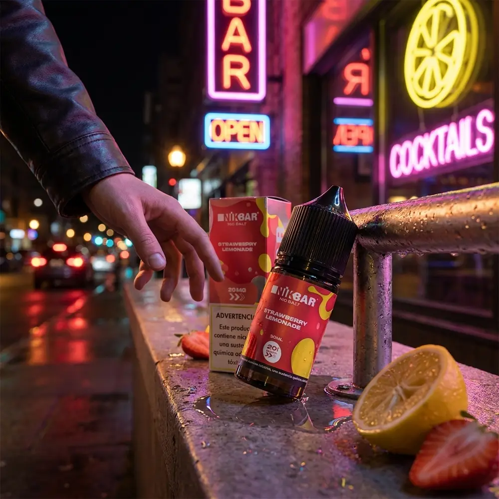 Líquido Nikbar Salt Strawberry Lemonade apoiado em muro molhado sob luzes neon urbanas, limão e morango ao fundo - Vapor Gringo