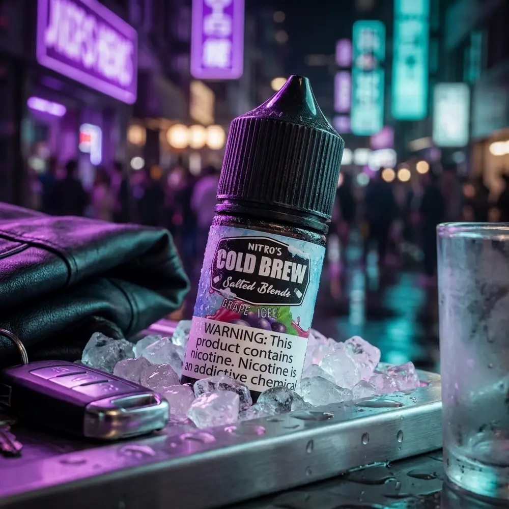 Frasco do e-liquido Nitros Grape Ice em mesa molhada com neon roxo desfocado, gelo e objetos de lifestyle - Vapor Gringo