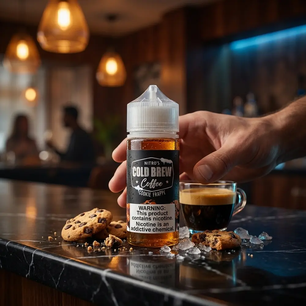 Líquido Nitros Cookie Frappe apoiado em balcão de mármore com migalhas de biscoito, gelo e ambiente de lounge ao fundo - Vapor Gringo