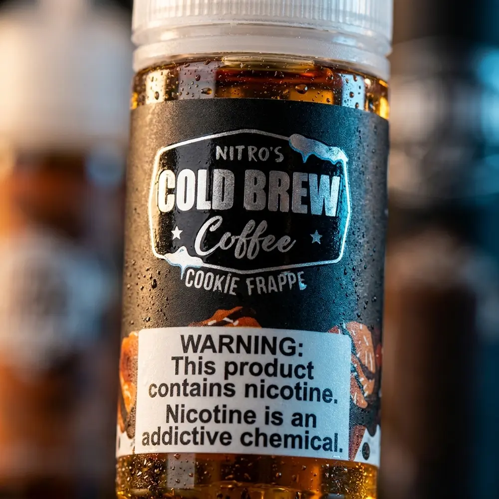 Rótulo do Líquido Nitros Cookie Frappe com textura de vidro, gotas de condensação, detalhes da impressão e pequenas migalhas - Vapor Gringo